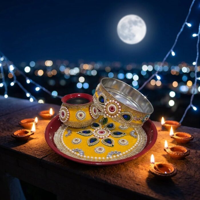 Decorated Karwa Chauth Thali Set with Lota & Channi - Image 2