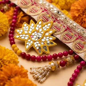 Lotus mirror work toran flat lay with marigolds — pink and gold zari bandhanwar with mirror lotuses and bead swags for Diwali