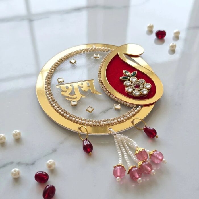 Close up of the transparent acrylic shubh labh