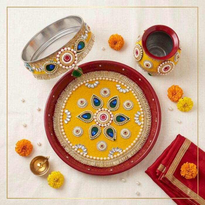 Decorated Karwa Chauth Thali Set with Lota & Channi - Image 6