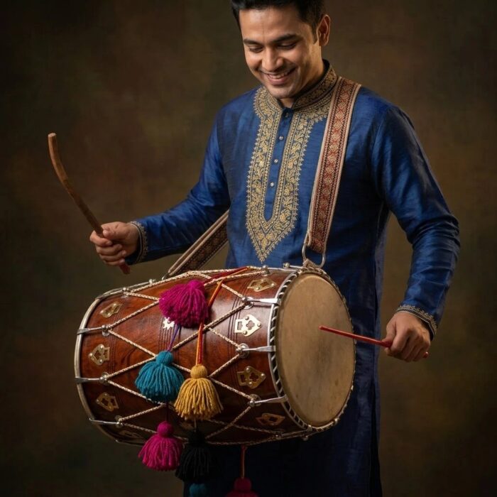 Traditional 18-Inch Wooden Dhol with Mallets & Tassels - Image 2