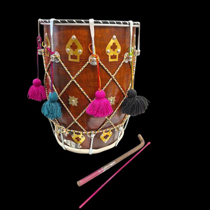Traditional 18-Inch Wooden Dhol with Mallets & Tassels - Image 3