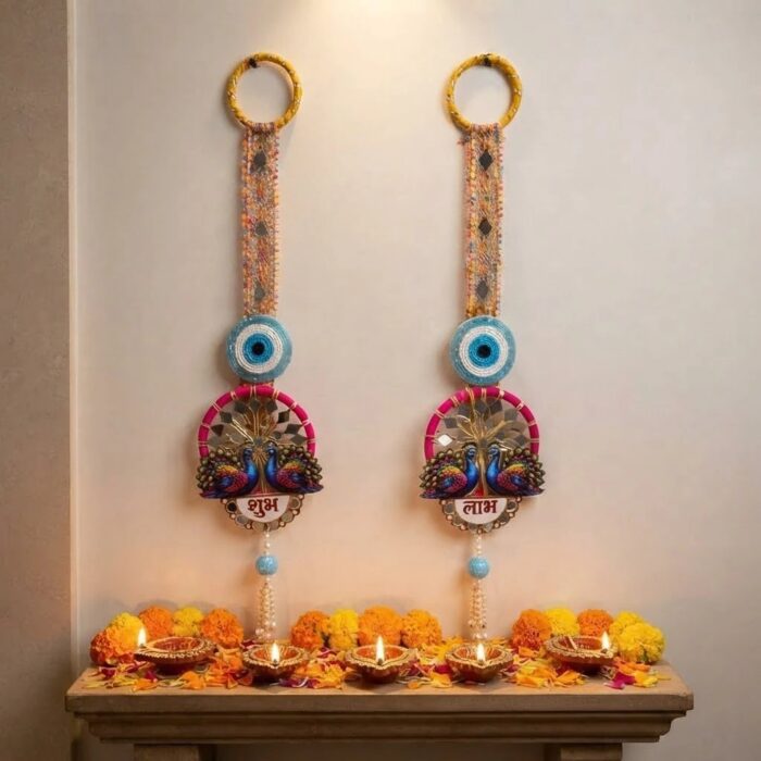 Peacock Shubh Labh pair hanging on a wall in a customer's home