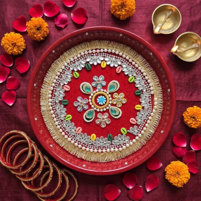 Decorated Karwa Chauth Thali Set with Lota & Channi - Image 2