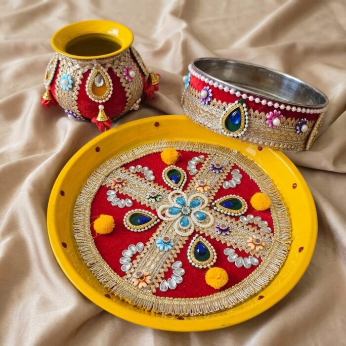 Decorated Karwa Chauth Thali Set with Lota and Channi - Image 2