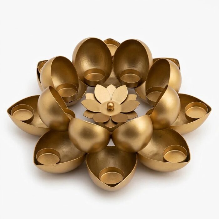 Top view of 12-petal gold lotus diya holder for Diwali decoration