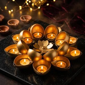 Golden two-tier lotus diya, 13 inch, with tea lights glowing in each petal cup