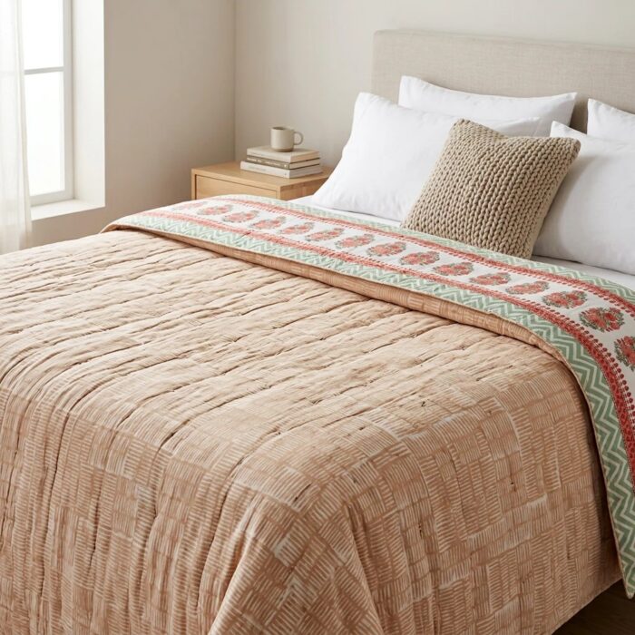 Handmade Jaipuri Cotton Rajai (Quilt) - Peach Floral Latice - Image 4