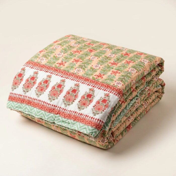 Handmade Jaipuri Cotton Rajai (Quilt) - Peach Floral Latice - Image 5
