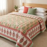 Handmade Jaipuri Cotton Rajai (Quilt) - Peach Floral Latice