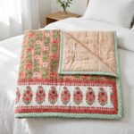 Handmade Jaipuri Cotton Rajai (Quilt) - Peach Floral Latice - Image 3