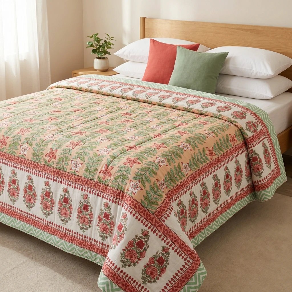 229344.webp Handmade Jaipuri Cotton Rajai (Quilt) - Peach Floral Latice - Image 1