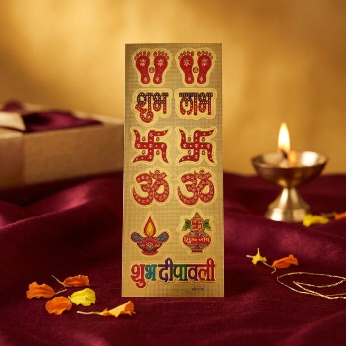 Sticker sheet with Shubh Labh, Lakshmi Charan, Swastik, Om, Shubh Kalash and Shubh Deepawali