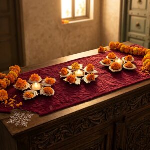 Lifestyle: on a table runner with diyas + marigold