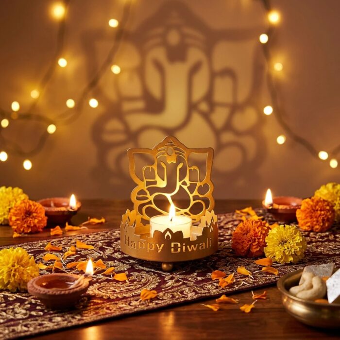 Golden Shadow Metal Diya with Happy Diwali