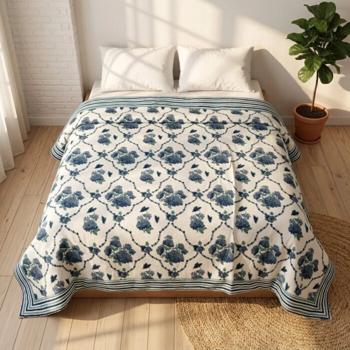 Cotton quilt with reversible block-printed rajai