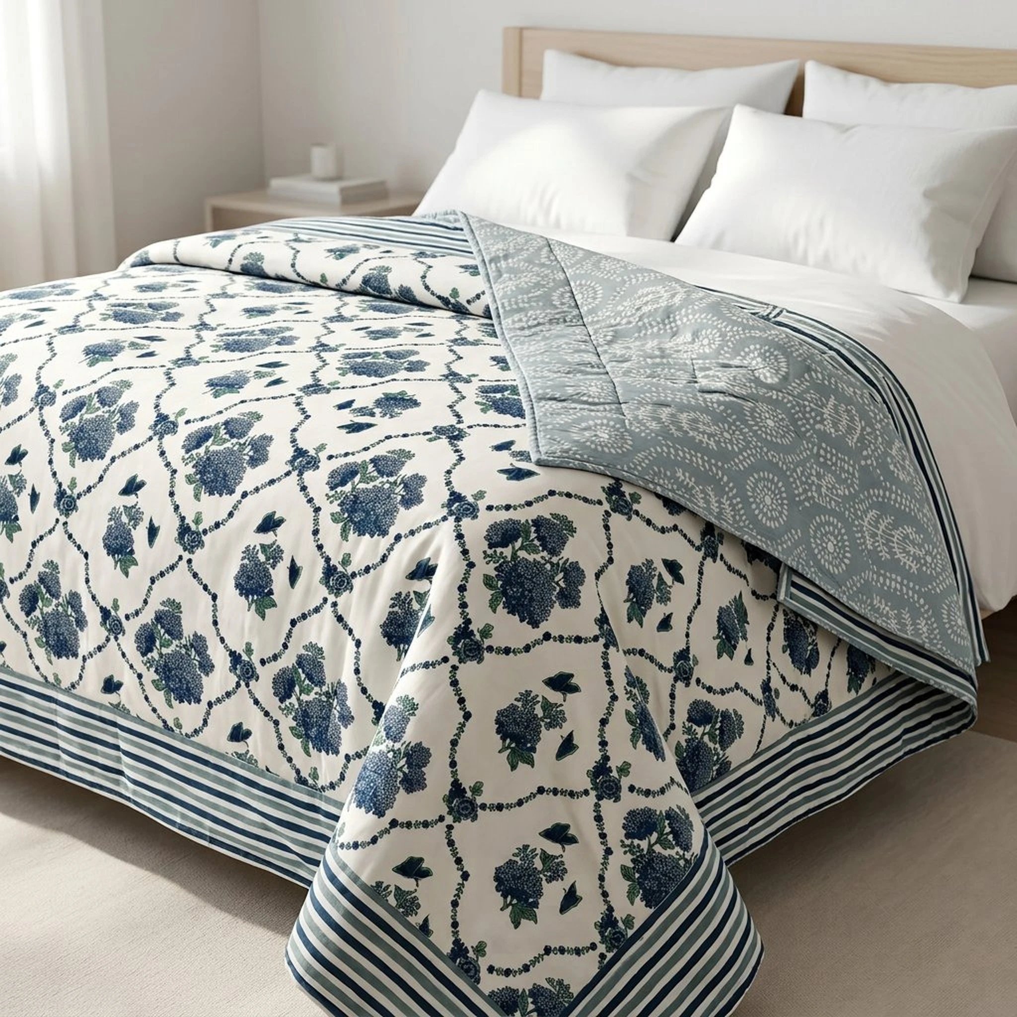 King size Cotton quilt with green latice Jaipur hand block-printed quilt - 100% cotton quilt | Reversible prints
