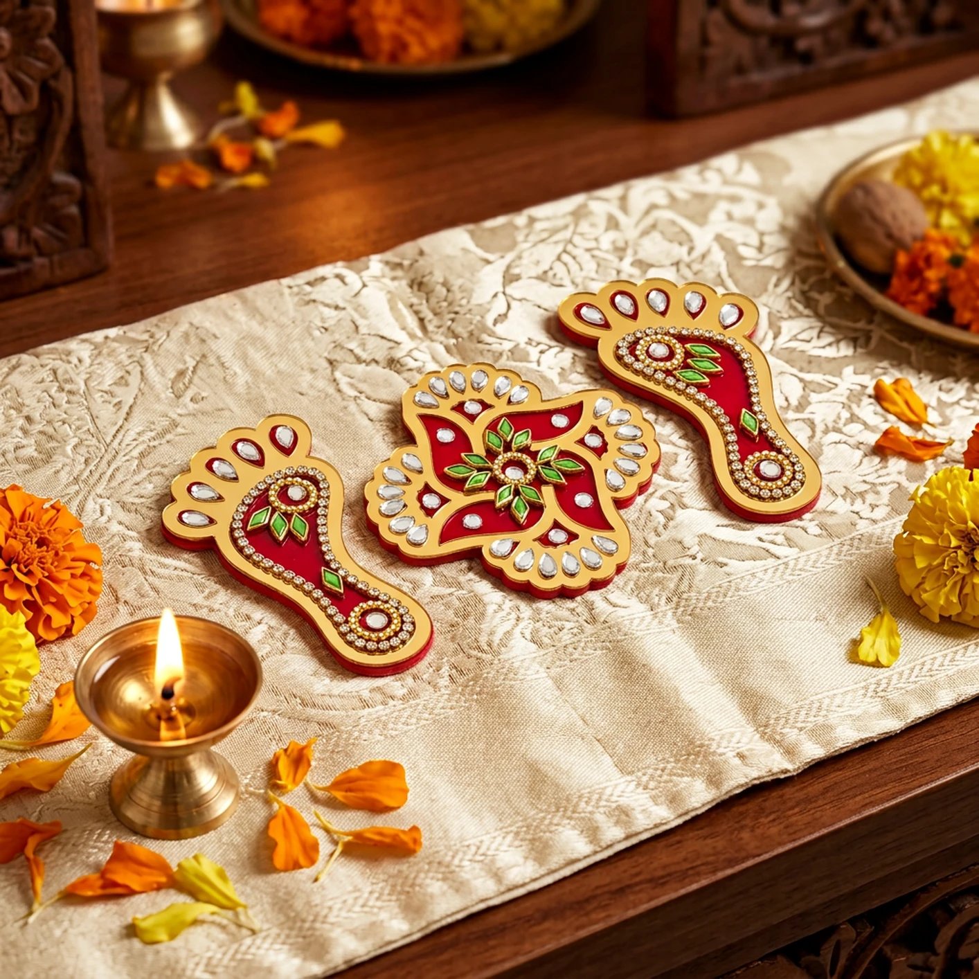 Golden lakshmi charan paduka set Lakshmi paduka with swastik wall hanging