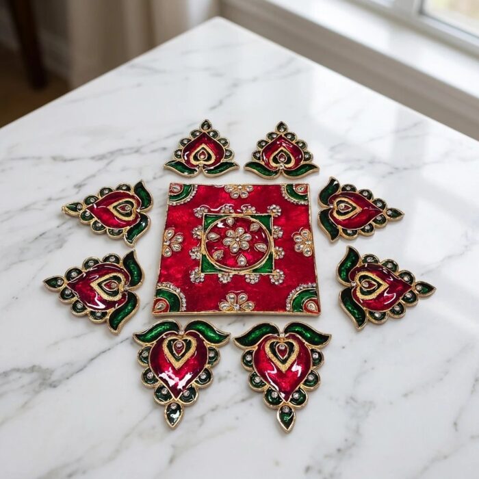 Flower Metal Rangoli Set - Red and Green - Image 4