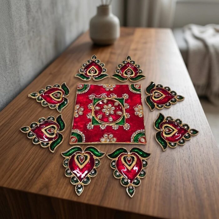 Flower Metal Rangoli Set - Red and Green - Image 6