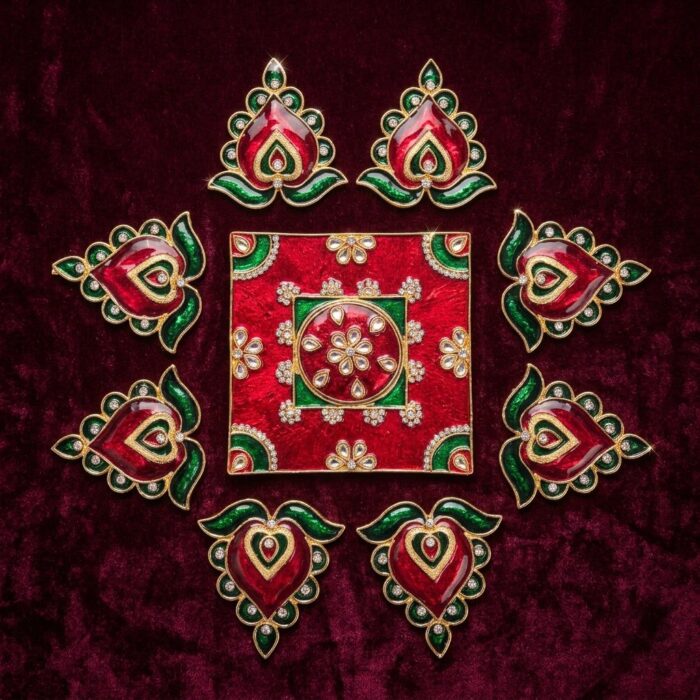 Flower Metal Rangoli Set - Red and Green - Image 2