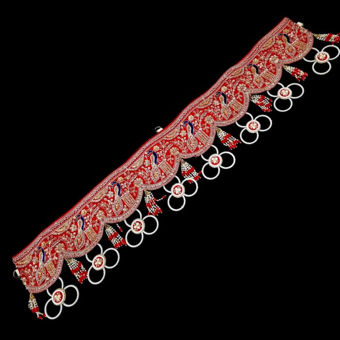 Full red peacock bandhanwar toran gold embroidered door hanging with pearl rings and tassels on black background