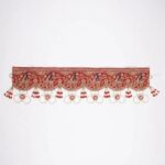 Red and gold peacock toran bandhanwar full view embroidered door valance with pearl hangings on white background