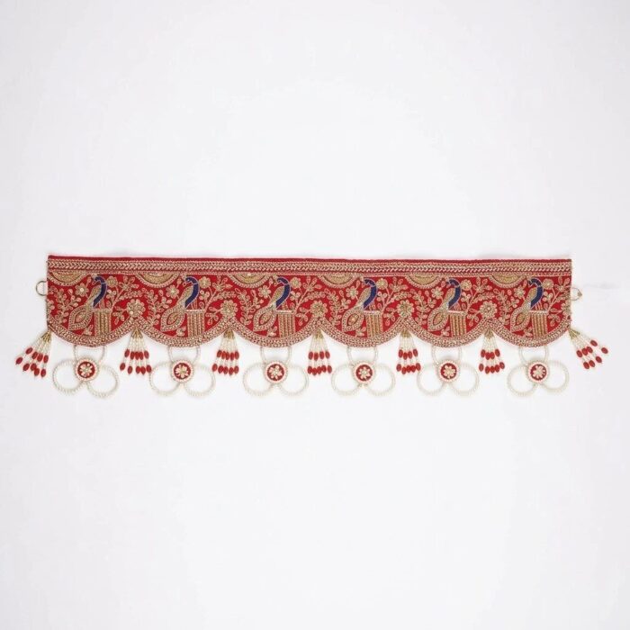 Red and gold peacock toran bandhanwar full view embroidered door valance with pearl hangings on white background