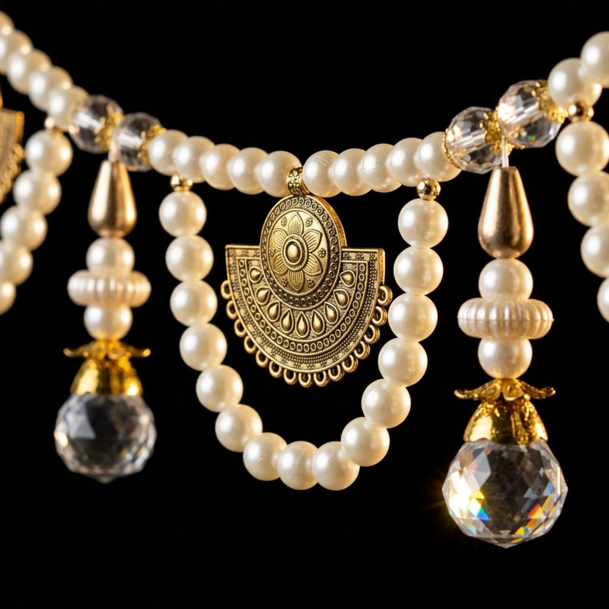 Close up of the cream bandhanwar with Crystal Pearl toran bandhanwar with ivory pearls antique gold lotus charms