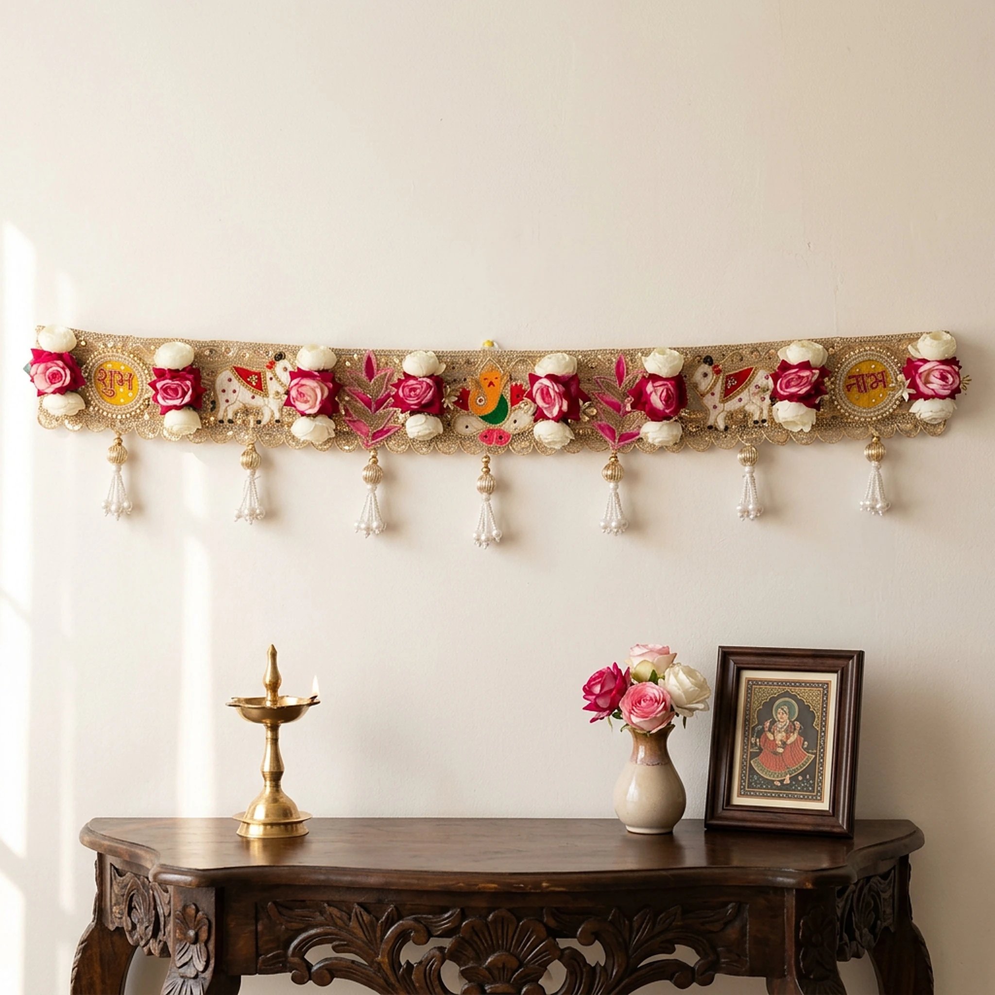 Handcrafted Toran with Ganesh and Shubh Labh Golden Shubh Labh bandhanwar toran hanging on a wall, 40 inch embroidered door hanging with pink and white roses, pearl tassels, Ganesha and elephant motifs, styled with brass diya for Diwali decor