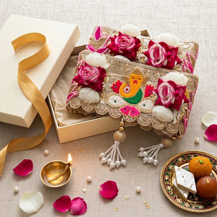 Golden Shubh Labh toran folded in a cream gift box with gold satin ribbon, centre Ganesha embroidery, pink and white roses, pearl latkans, with lit diya and Indian sweets — Diwali gift idea