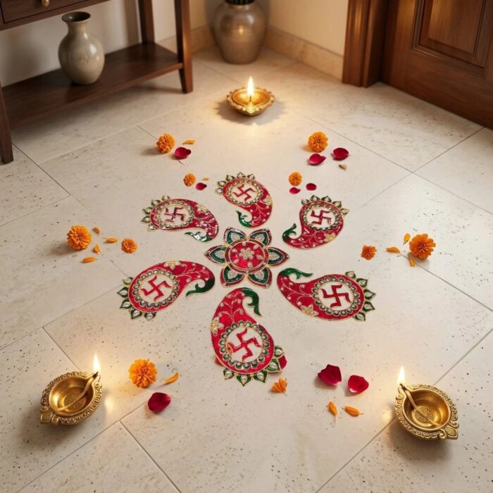 Swastik Metal Rangoli Set - Red and Green - Image 3