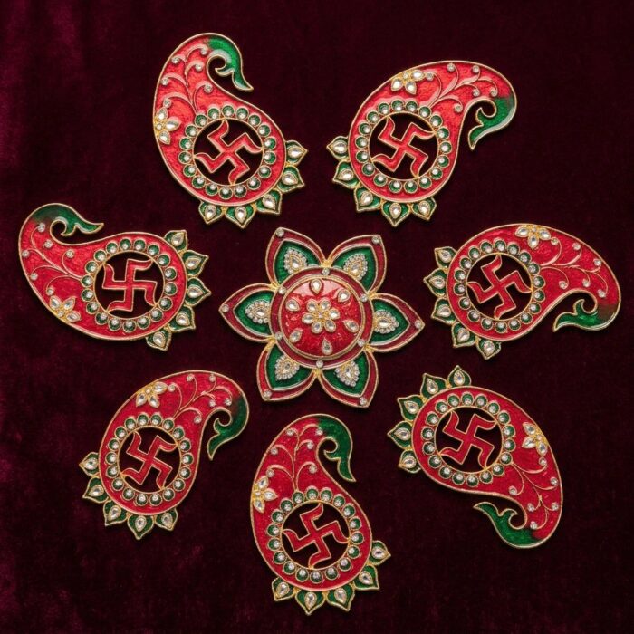 Swastik Metal Rangoli Set - Red and Green - Image 2