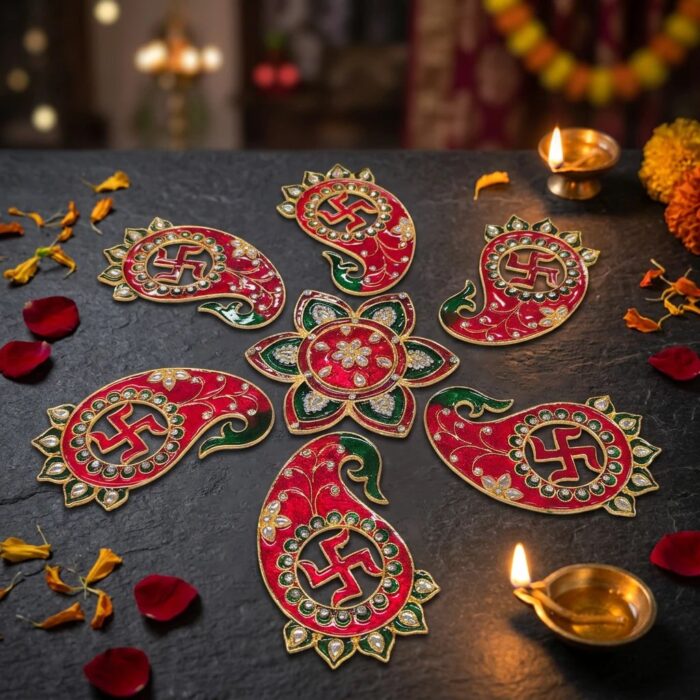 Swastik Metal Rangoli Set - Red and Green - Image 7
