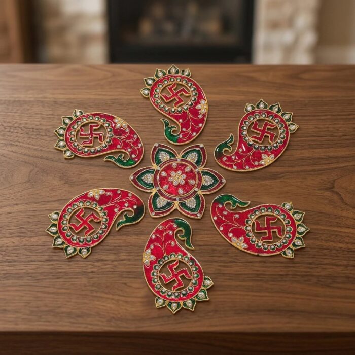 Swastik Metal Rangoli Set - Red and Green - Image 4