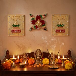 Small Shubh labh being put up in home Mandir on Diwali