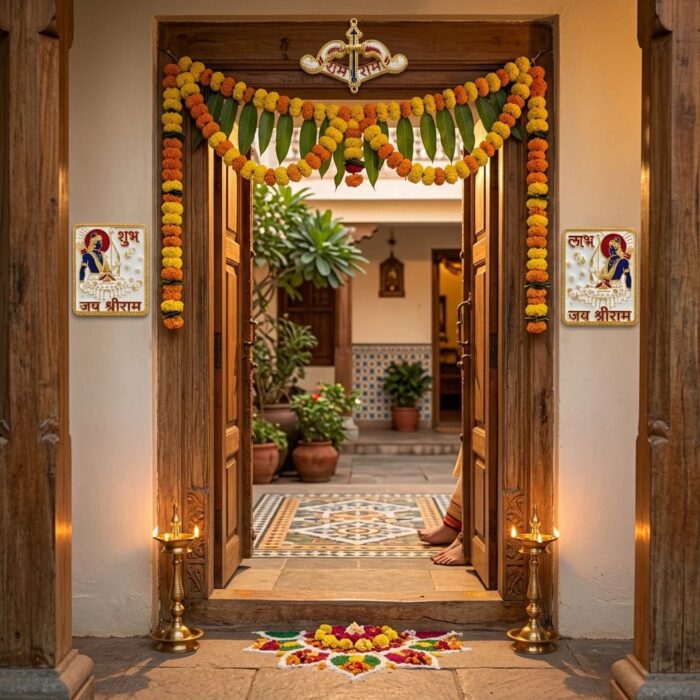 Shubh Labh hanging at front door of house decorated for Diwali in Canada