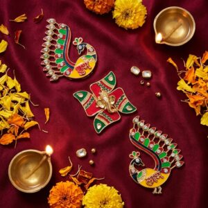 Shubh Labh laid out on a Marigold Rangoli