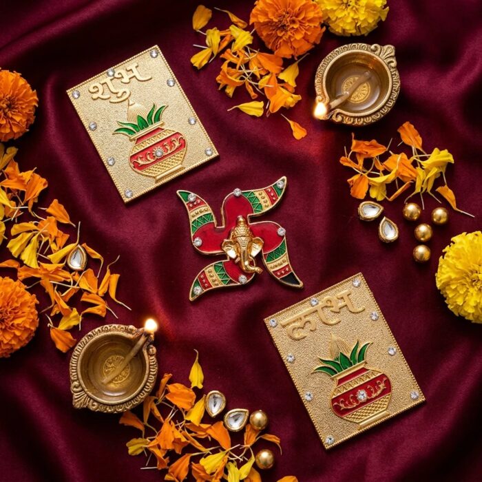 Shubh Labh laid out on a Marigold Rangoli