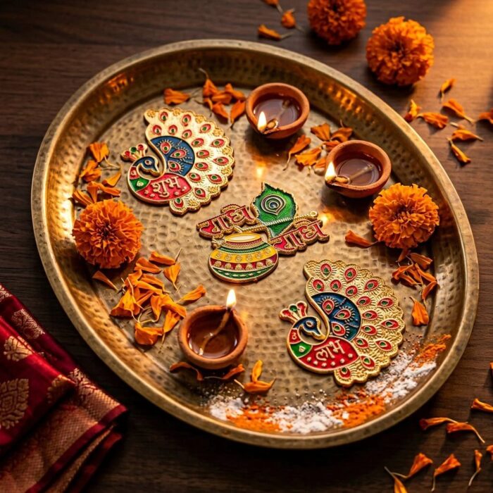Shubh Labh decoration on a Diwali Pooja thali